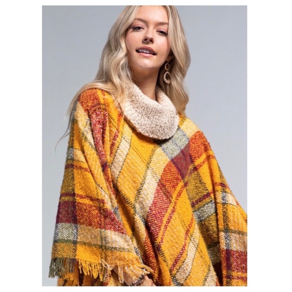 NEW Chloe Cozy Soft Long Boho Plaid Turtleneck Pullover Poncho Fringe - Picture 11 of 12